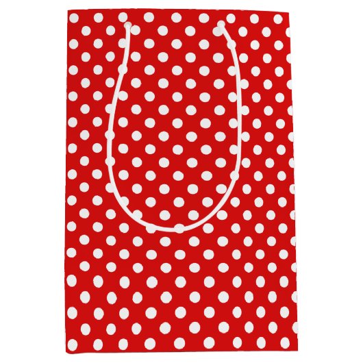 明るく赤いギフトの陽気で白い水玉模様 ミディアムペーパーバッグ (正面)