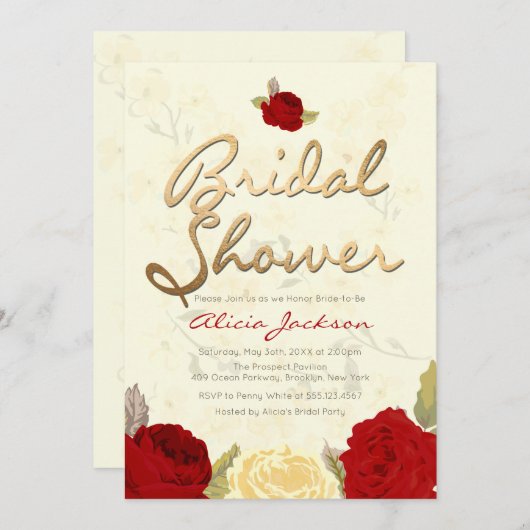 明るく赤い及びアイボリーの花のブライダルシャワーの招待状 招待状 (正面/裏面)