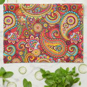 明るく赤い花のペイズリーのボヘミア人パターン キッチンタオル (折り畳み)