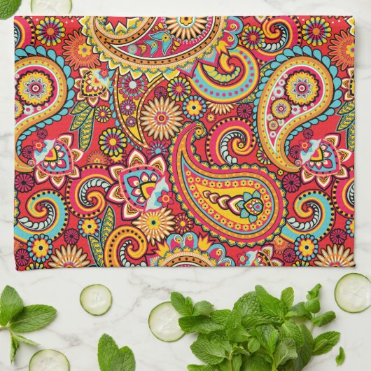 明るく赤い花のペイズリーのボヘミア人パターン キッチンタオル (折り畳み)