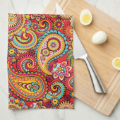 明るく赤い花のペイズリーのボヘミア人パターン キッチンタオル (四つ折り)