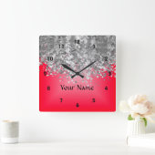 明るく赤く、フェイクなグリッター スクエア壁時計 (ホーム)
