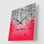 明るく赤く、フェイクなグリッター スクエア壁時計 (傾斜)