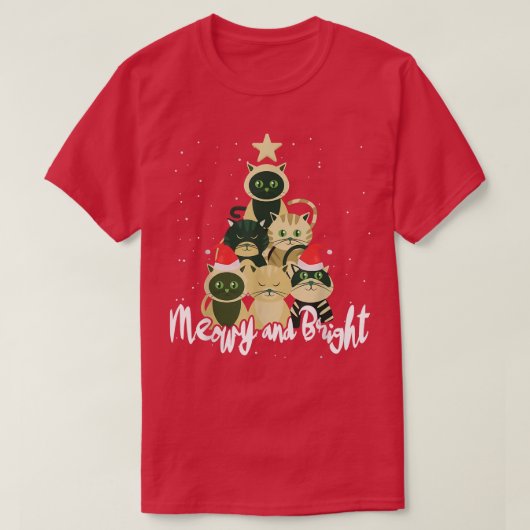 明るく輝くクリスマスツリー可愛い猫X Tシャツ (デザイン正面)