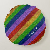 明るく輝くレインボーフェイクグリッターストライプの ラウンドクッション (正面)