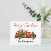 明るく陽気なクリスマスが赤い古いトラックを願う シーズンポストカード (スタンド正面)