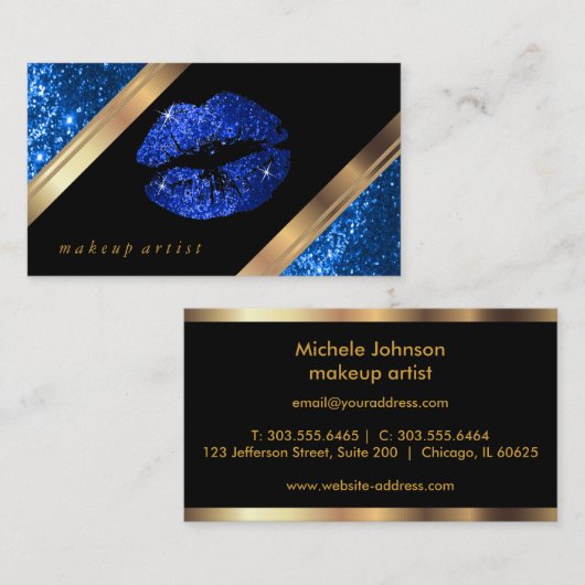 明るく青いグリッターの唇およびエレガントな金ゴールド 名刺 (正面/裏面)