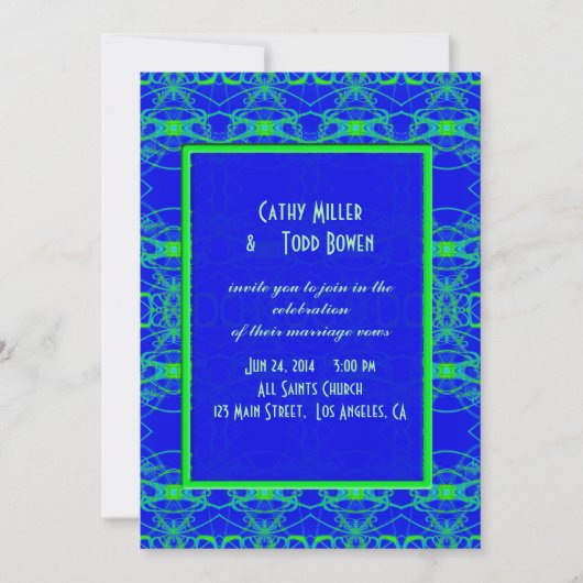 明るく青いライムグリーンパターン結婚式 招待状 (正面)
