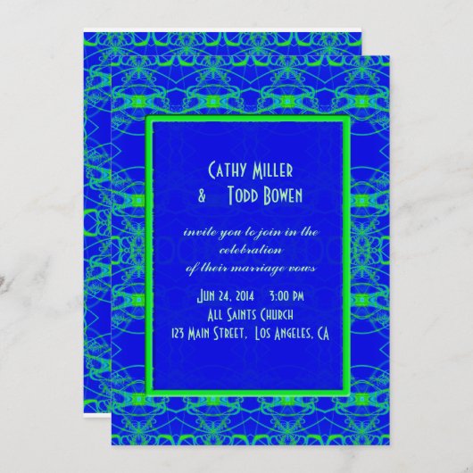 明るく青いライムグリーンパターン結婚式 招待状 (正面/裏面)
