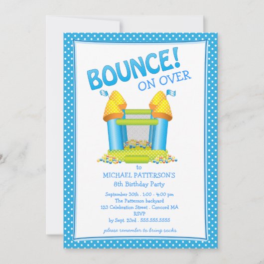 明るく青い弾力がある家の誕生日のパーティの招待状 招待状 (正面)