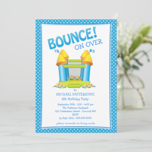 明るく青い弾力がある家の誕生日のパーティの招待状 招待状 (スタンド正面)