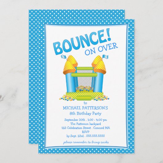 明るく青い弾力がある家の誕生日のパーティの招待状 招待状 (正面/裏面)
