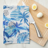 明るく青い熱帯水彩画パターン キッチンタオル (四つ折り)