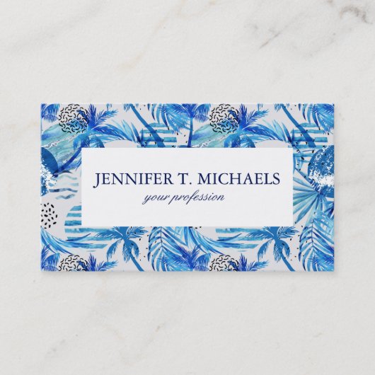 明るく青い熱帯水彩画パターン 名刺 (正面)