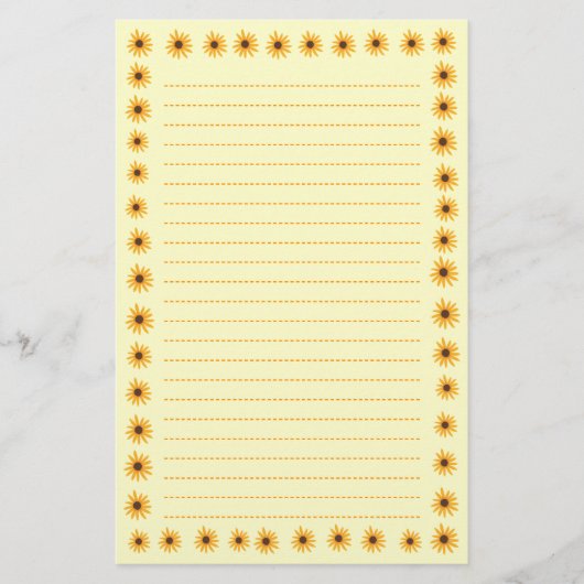 明るく黄色いヒマワリのボーダーによって並べられる文房具 便箋 (正面)