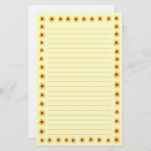 明るく黄色いヒマワリのボーダーによって並べられる文房具 便箋 (正面/裏面)