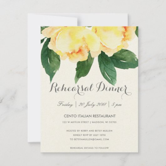 明るく黄色い水彩画の花のリハーサルの夕食 招待状 (正面)