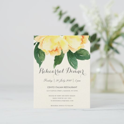 明るく黄色い水彩画の花のリハーサルの夕食 招待状 (スタンド正面)