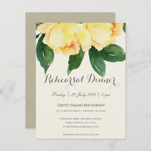 明るく黄色い水彩画の花のリハーサルの夕食 招待状 (正面/裏面)
