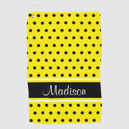 明るく黄色く黒い水玉模様のストライプの原稿の名前 ゴルフタオル