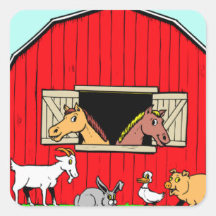 明るく、かわいい納屋周囲の庭の農場構内動物のステッカー スクエアシール