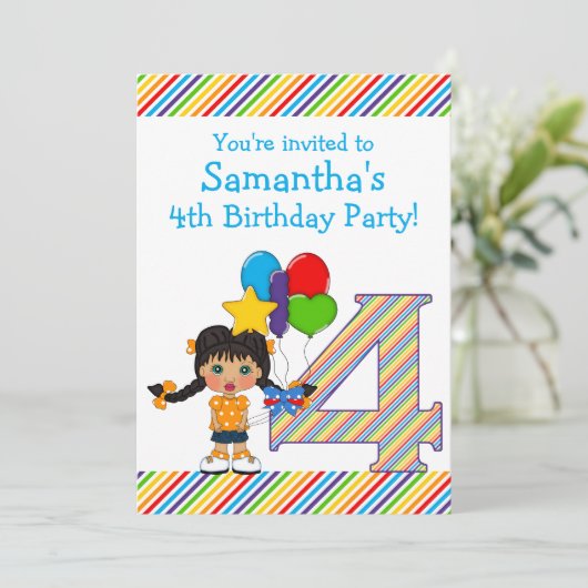 明るく、カラフルな女の子の第4誕生会 招待状 (スタンド正面)