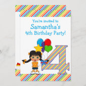 明るく、カラフルな女の子の第4誕生会 招待状 (正面/裏面)