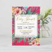 明るはっきりしたいピンクの水色フローラベビーシャワー 招待状 (スタンド正面)