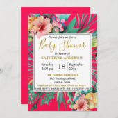 明るはっきりしたいピンクの水色フローラベビーシャワー 招待状 (正面/裏面)