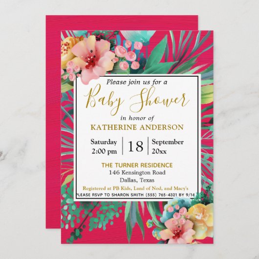 明るはっきりしたいピンクの水色フローラベビーシャワー 招待状 (正面/裏面)