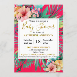 明るはっきりしたいピンクの水色フローラベビーシャワー 招待状