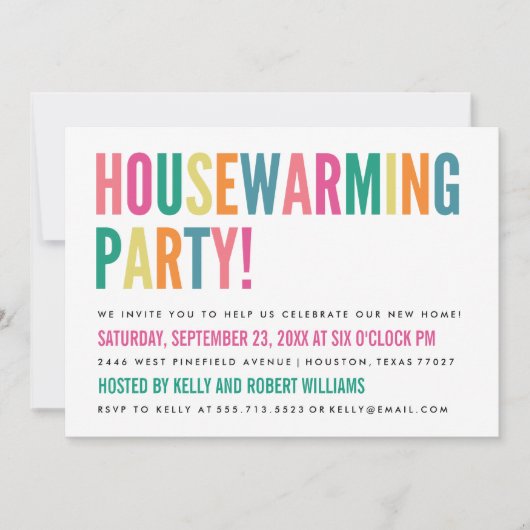 明るはっきりしたい色の引っ越し祝いパーティーパーティの招待状 招待状 (正面)