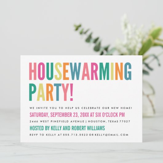 明るはっきりしたい色の引っ越し祝いパーティーパーティの招待状 招待状 (スタンド正面)
