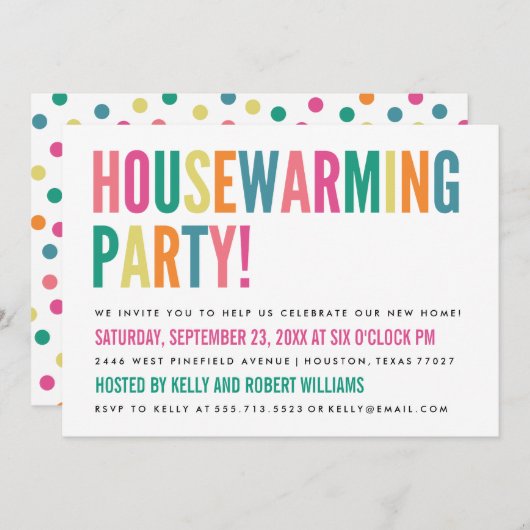 明るはっきりしたい色の引っ越し祝いパーティーパーティの招待状 招待状 (正面/裏面)