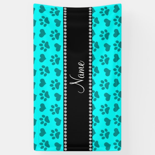 明るパーソナライズされたい水色のハートと手の跡に名前を付ける 横断幕 (縦)