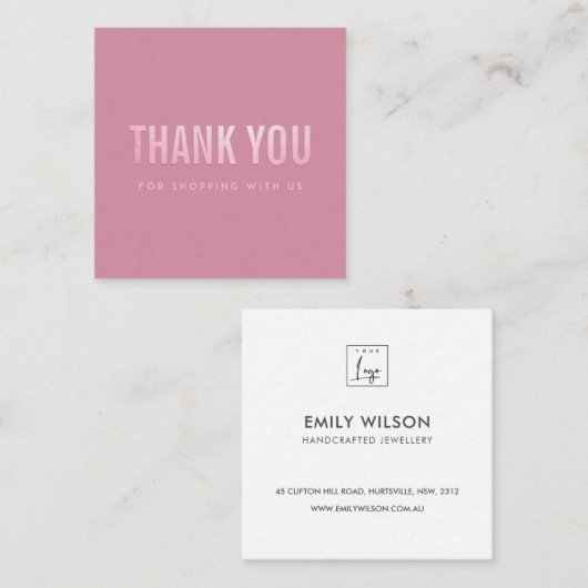 明るミニマルいピンクの感謝のロゴ スクエア名刺 (正面/裏面)