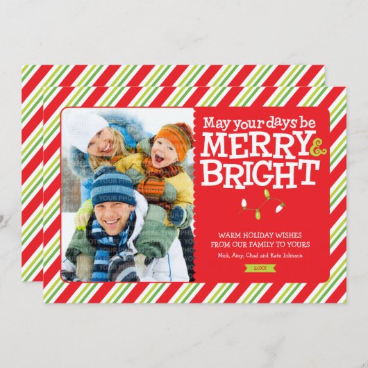 明るメリーいクリスマスライトとストライプ写真 シーズンカード (正面/裏面)