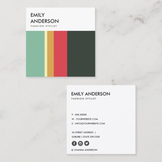 明るモダンいピンクはっきりした黄色のアクアネイビーストライプ スクエア名刺 (正面/裏面)