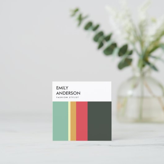 明るモダンいピンクはっきりした黄色のアクアネイビーストライプ スクエア名刺 (スタンド正面)