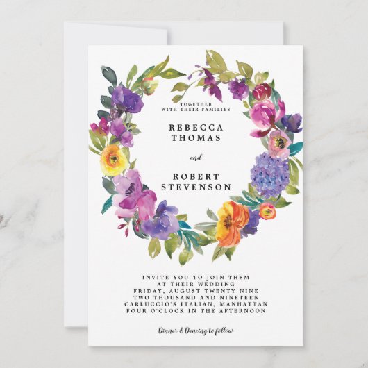 明るモダンい結婚式招待状フローラリース 招待状 (正面)