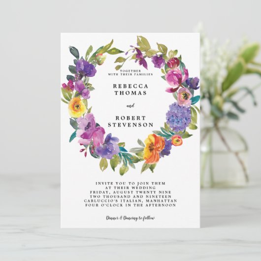 明るモダンい結婚式招待状フローラリース 招待状 (スタンド正面)