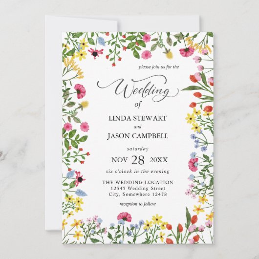 明エレガントるいカラフルワイルドフラワーのフローラ結婚 招待状 (正面)