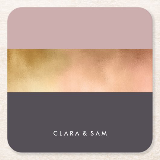 明エレガントるいバラ金ゴールドピンク灰色の色ブロック スクエアペーパーコースター (正面)