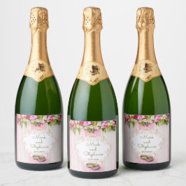 明エレガントるいピンクのフローラ結婚の スパークリングワインラベル