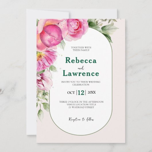 明エレガントるいピンクの植物結婚式招待状 招待状 (正面)