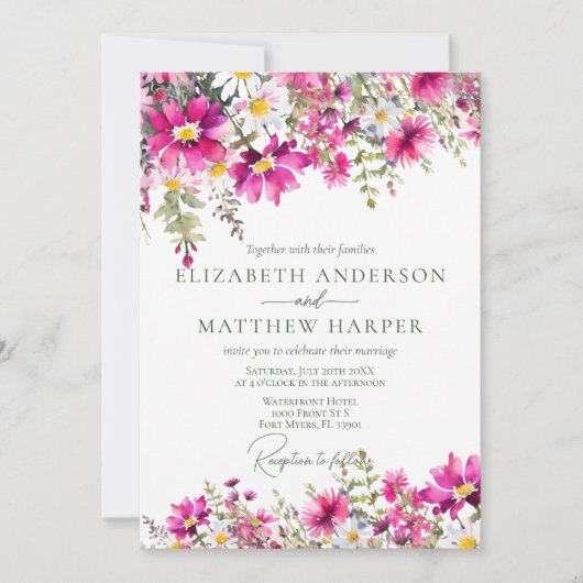 明エレガントるいピンクの野花結婚のフローラ 招待状 (正面)