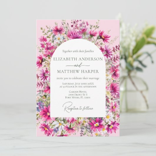 明エレガントるいピンクの野花結婚のフローラ 招待状 (スタンド正面)