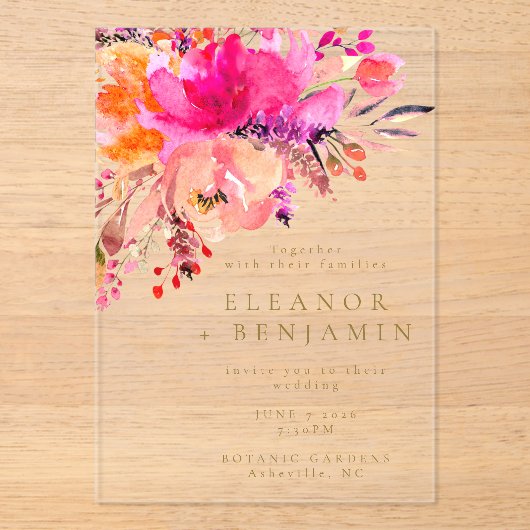 明エレガントるいピンク色のフローラ結婚の アクリル招待状 (正面)