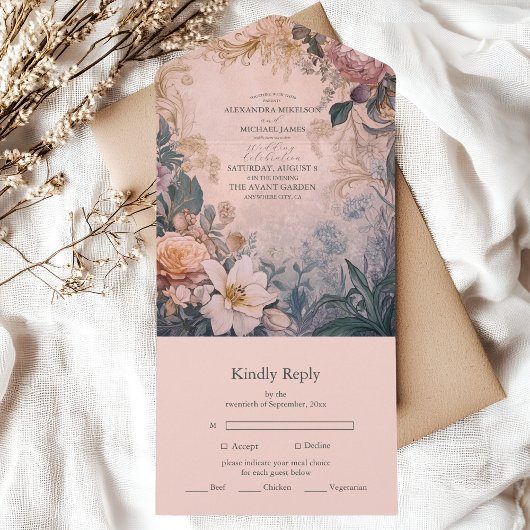 明エレガントるいピンク色のフローラ結婚の オールインワン招待状