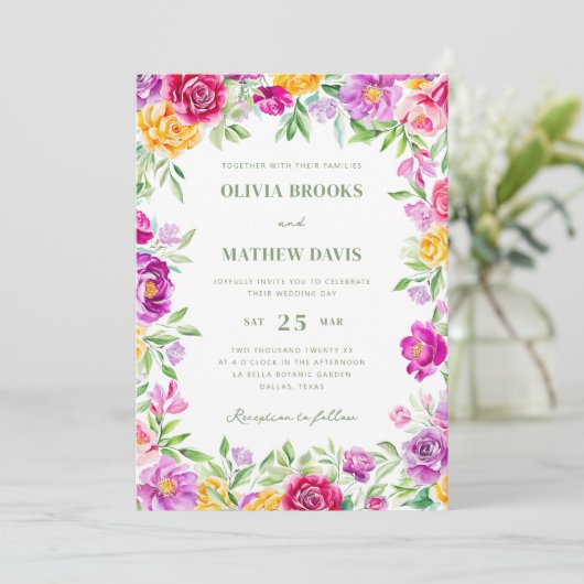 明エレガントるい水カラフル色のフローラ結婚の 招待状 (スタンド正面)